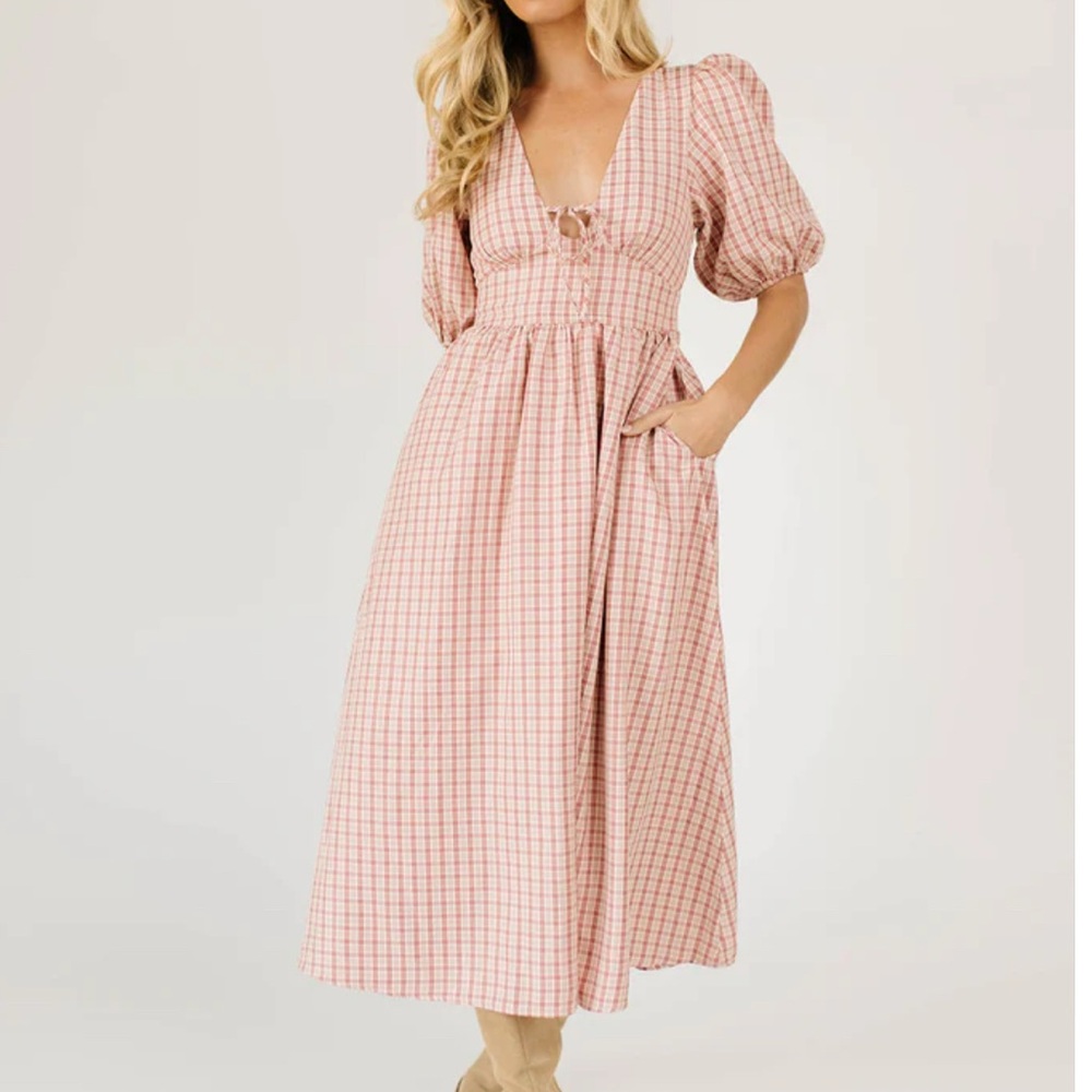 Pink and White Puff Sleeve Midi Sundress